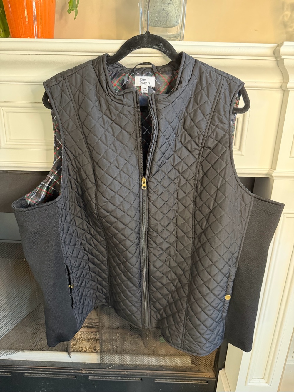 Kim Rogers Quilted Vest Womens 3X Black Plaid Lined Puffer Gilet Sleeveless Jack